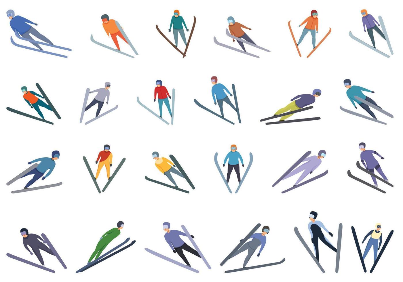 ski jumping pictogrammen reeks tekenfilm vector. actie springen vector