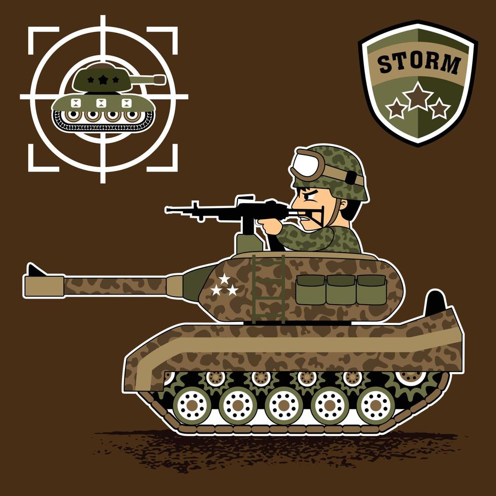 een soldaat met geweer- Aan gepantserd met leger logo, vector tekenfilm illustratie