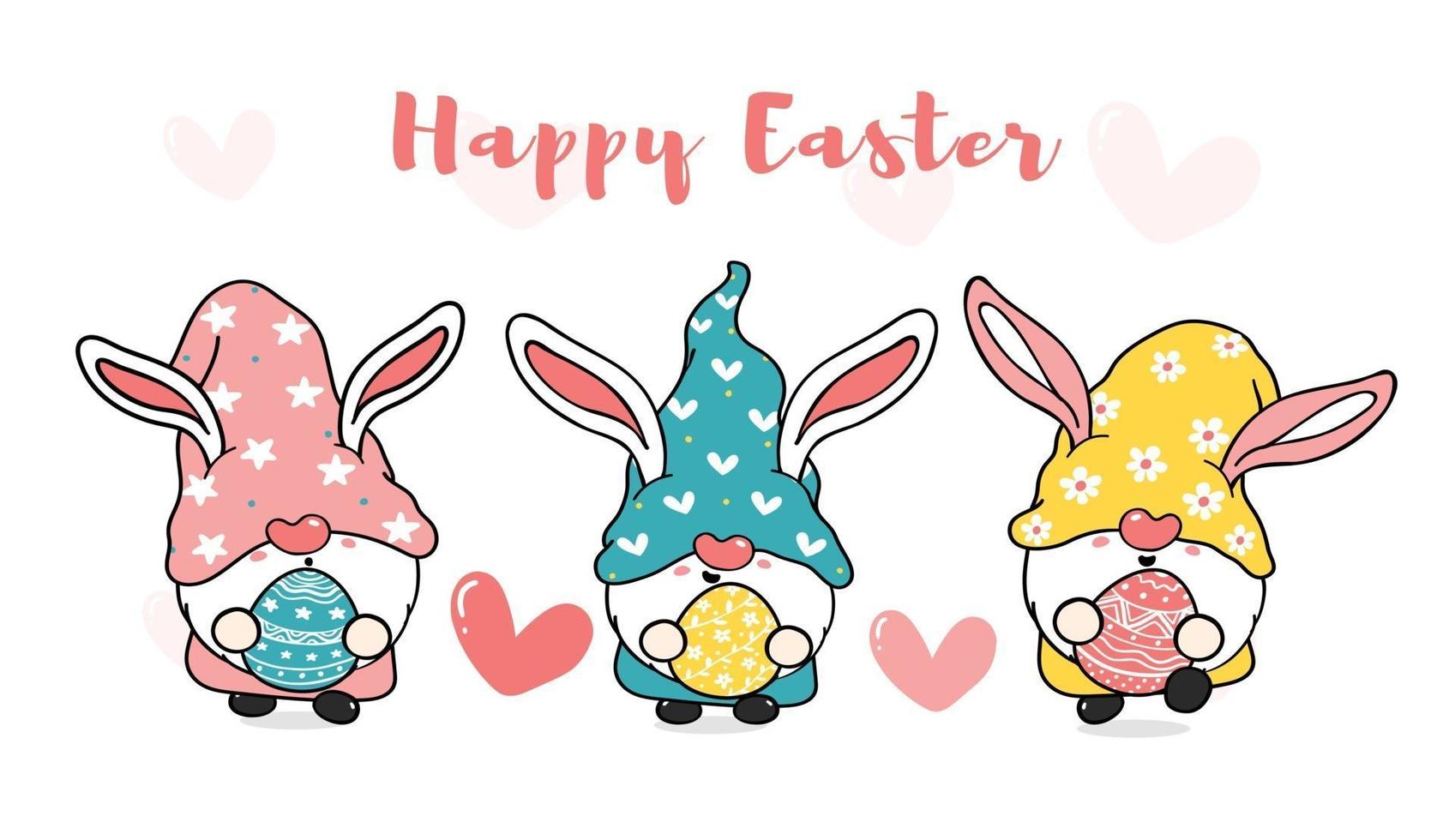 drie schattige zoete paashaaskabouters met konijnenoren, happy easter cartoon vector banner