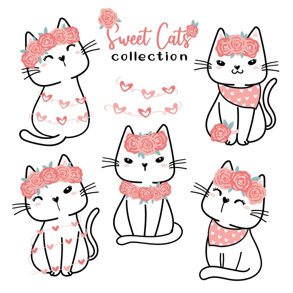 schattige valentijn kat collectie, cartoon doodle platte vector clipart voor valentijn liefdesdag, zoete witte kat met roze roze bloem