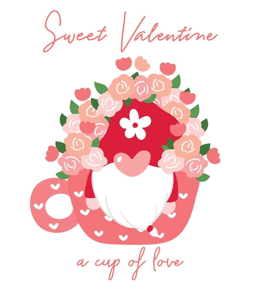 schattige valentijnskabouter in koffiekopje met bloem, zoete valentijn illustraties, cartoon platte vector voor afdrukbare t-shirt, wenskaart, sublimatie