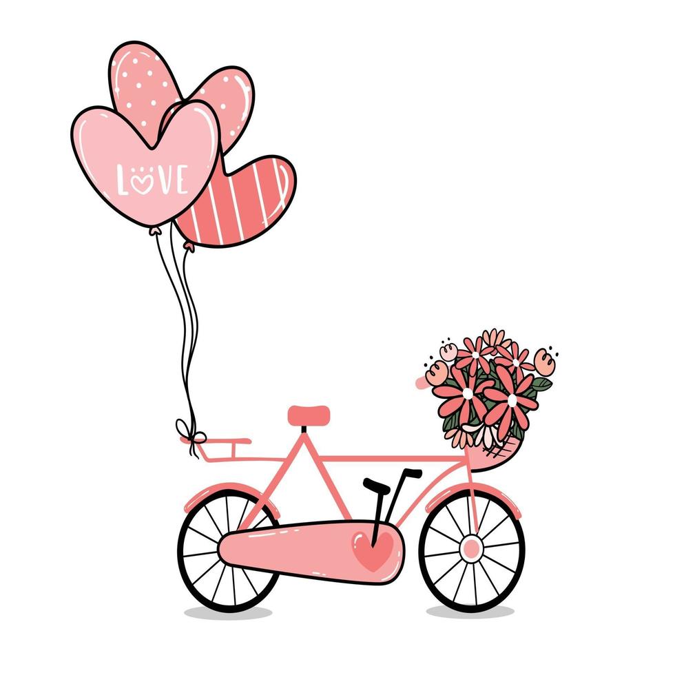 roze damesfiets met bloemenmand en hartballonnen vector