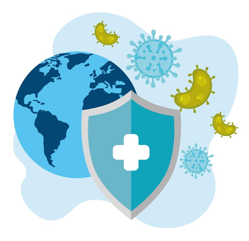 wereldkaart met covid 19 en schildbescherming vector