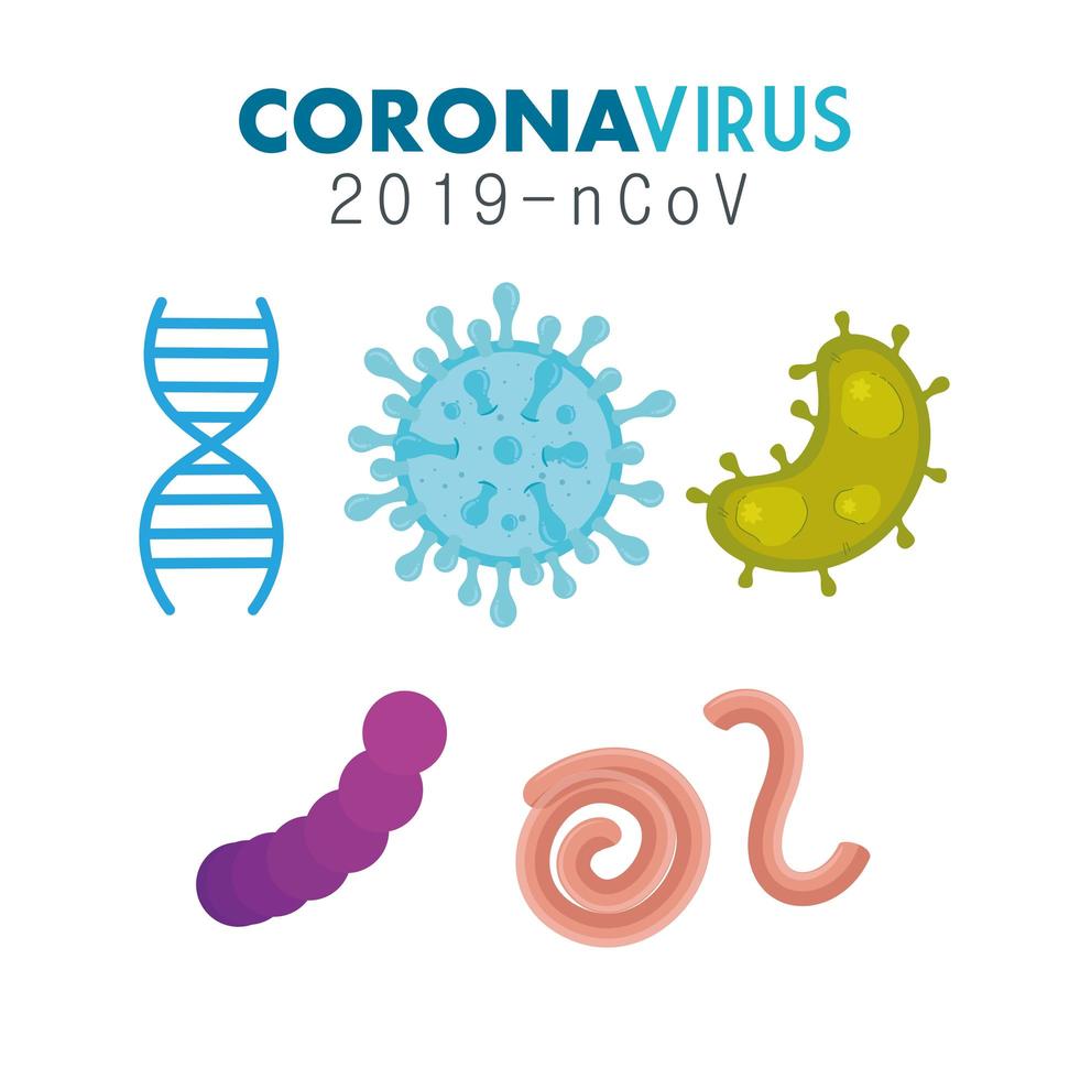 set van covid 19 pandemische micro-organismen vector