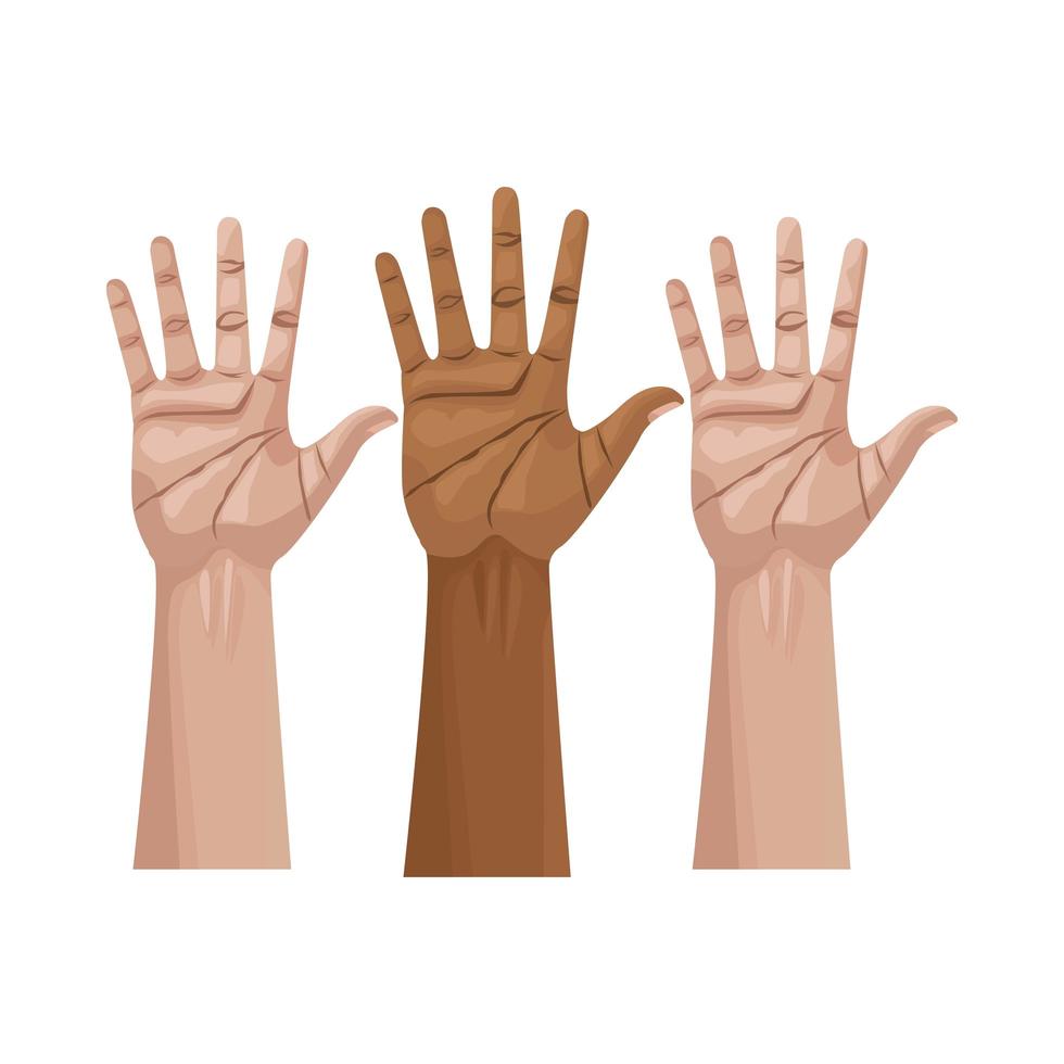 interraciale handen opgeheven met open handpalmen vector