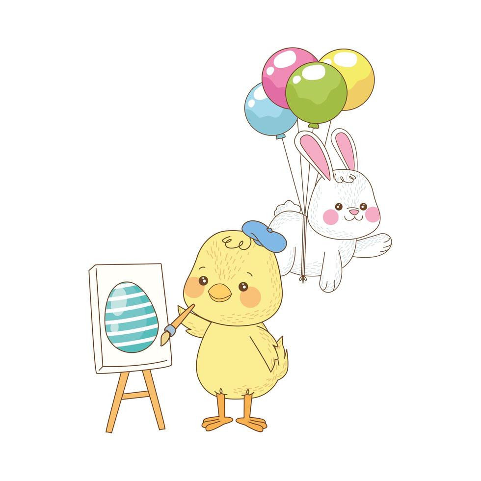 klein konijn en kuiken met heliumballons, pasen-karakters vector