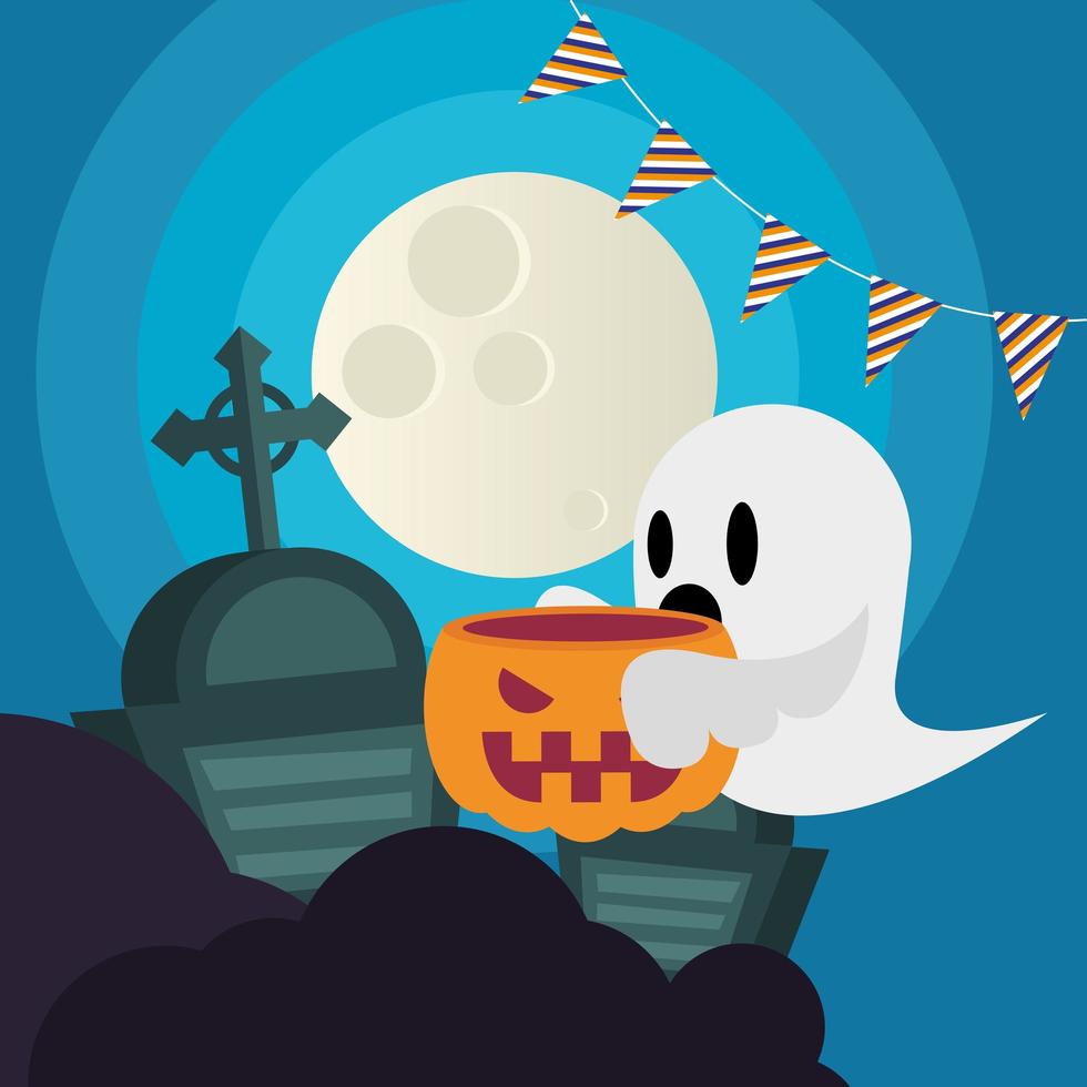 Halloween-spookbeeldverhaal met pompoen bij begraafplaats vectorontwerp vector