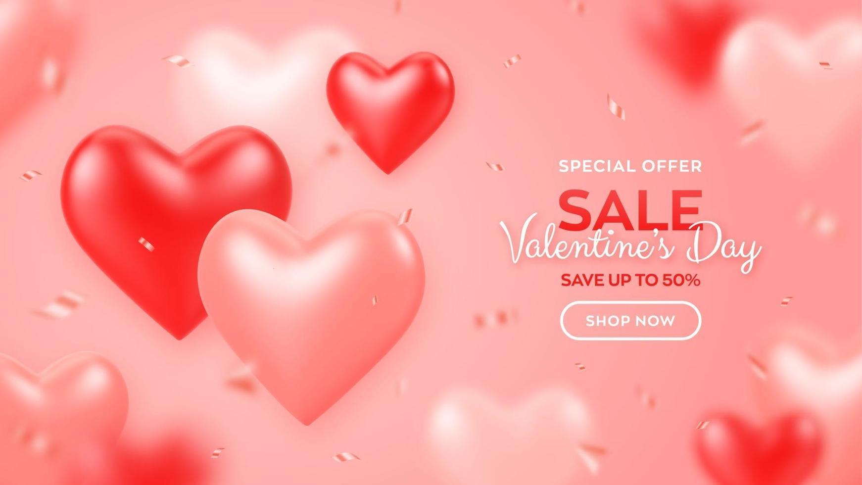 fijne Valentijnsdag. Valentijnsdag verkoop banner met rode en roze ballonnen 3d harten en confetti. achtergrond, behang, flyer, uitnodiging, poster, brochure, wenskaart. vector