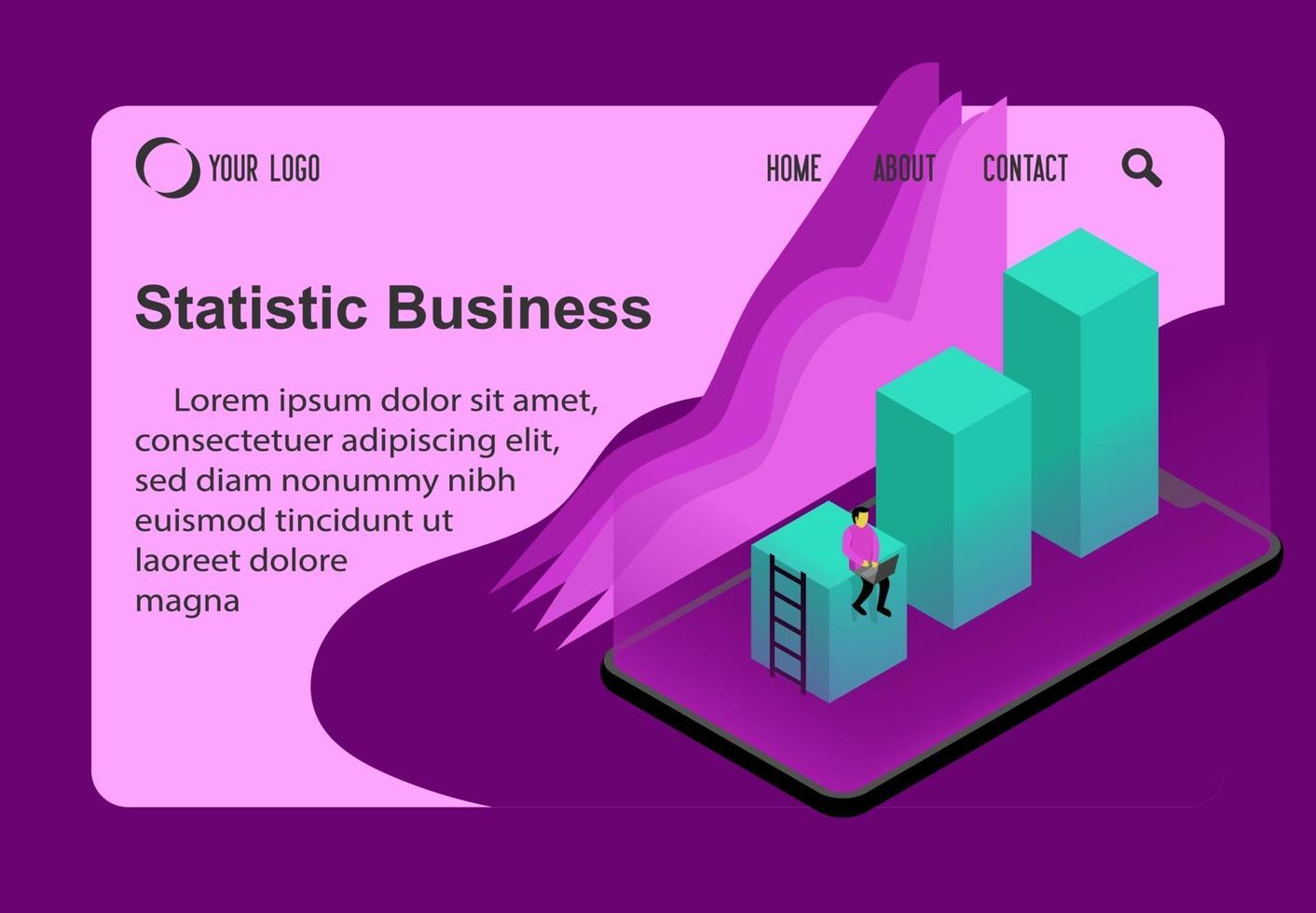 vector isometrische concept statistiek bedrijf cheking een jonge monitor, concept volume box op smartphone eenvoudig ontwerp, vector illustratie op een werk een jong teken