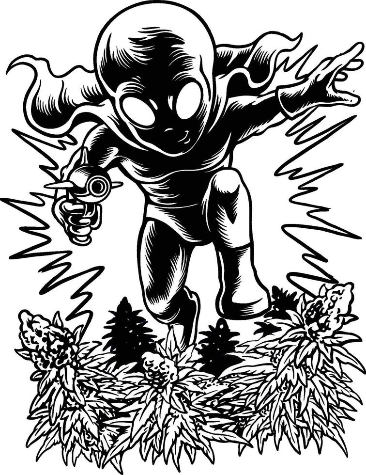een alien die een cannabistuin aanvalt vector