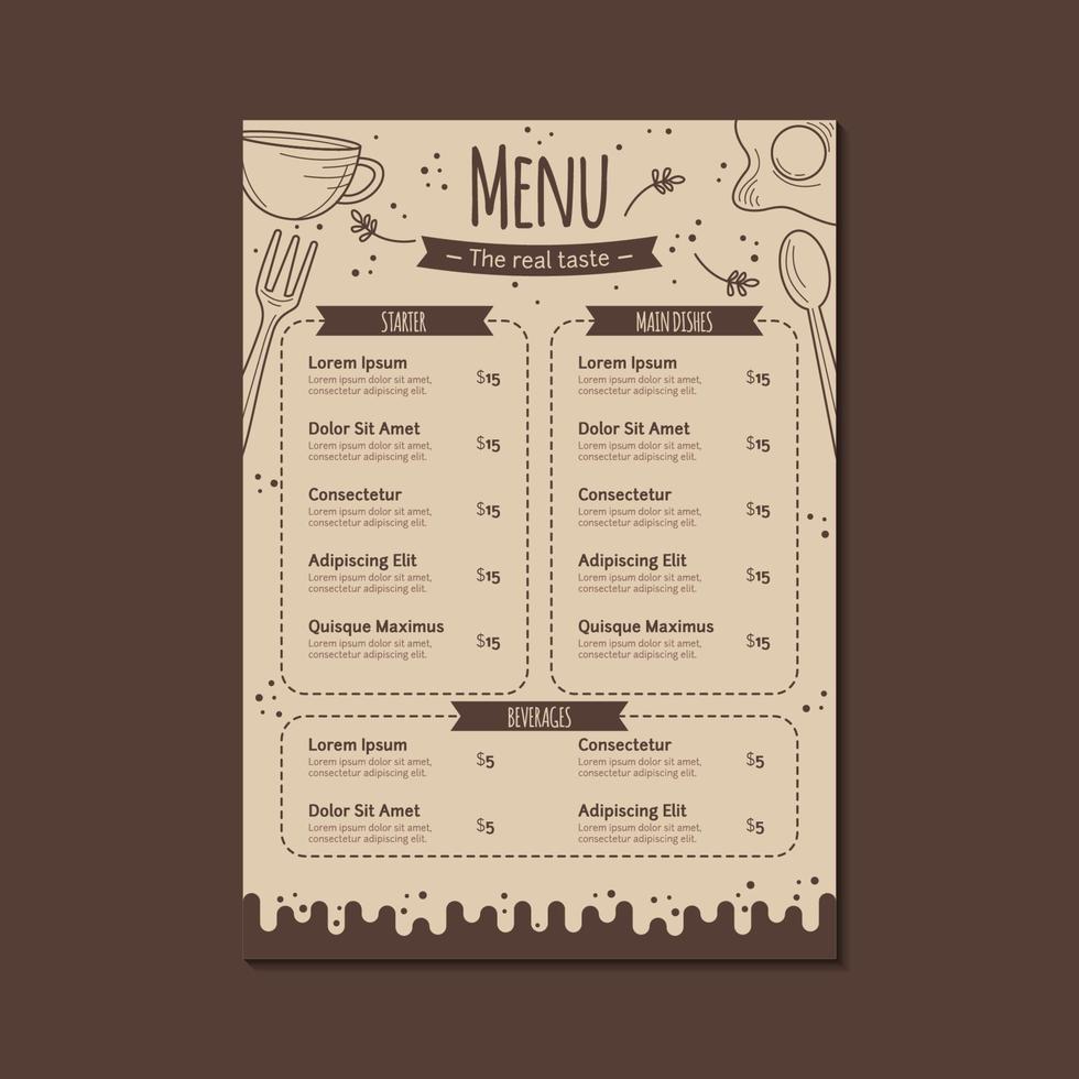 restaurant menusjabloon in bruin met hand getrokken stijl vector