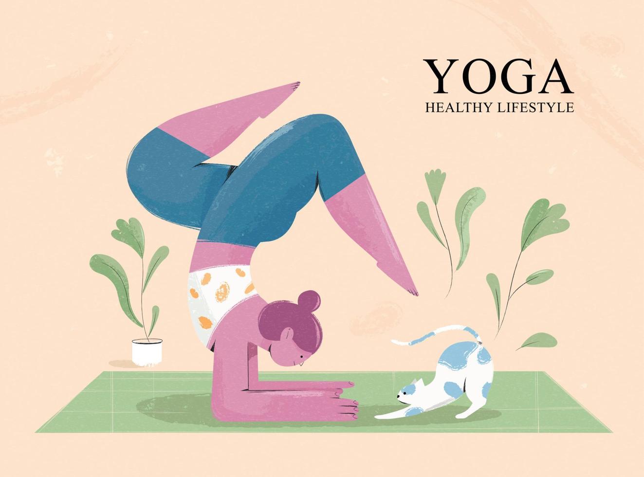 hand- getrokken illustratie van een vrouw beoefenen yoga met haar huisdier kat Bij huis. gezond levensstijl concept. vector