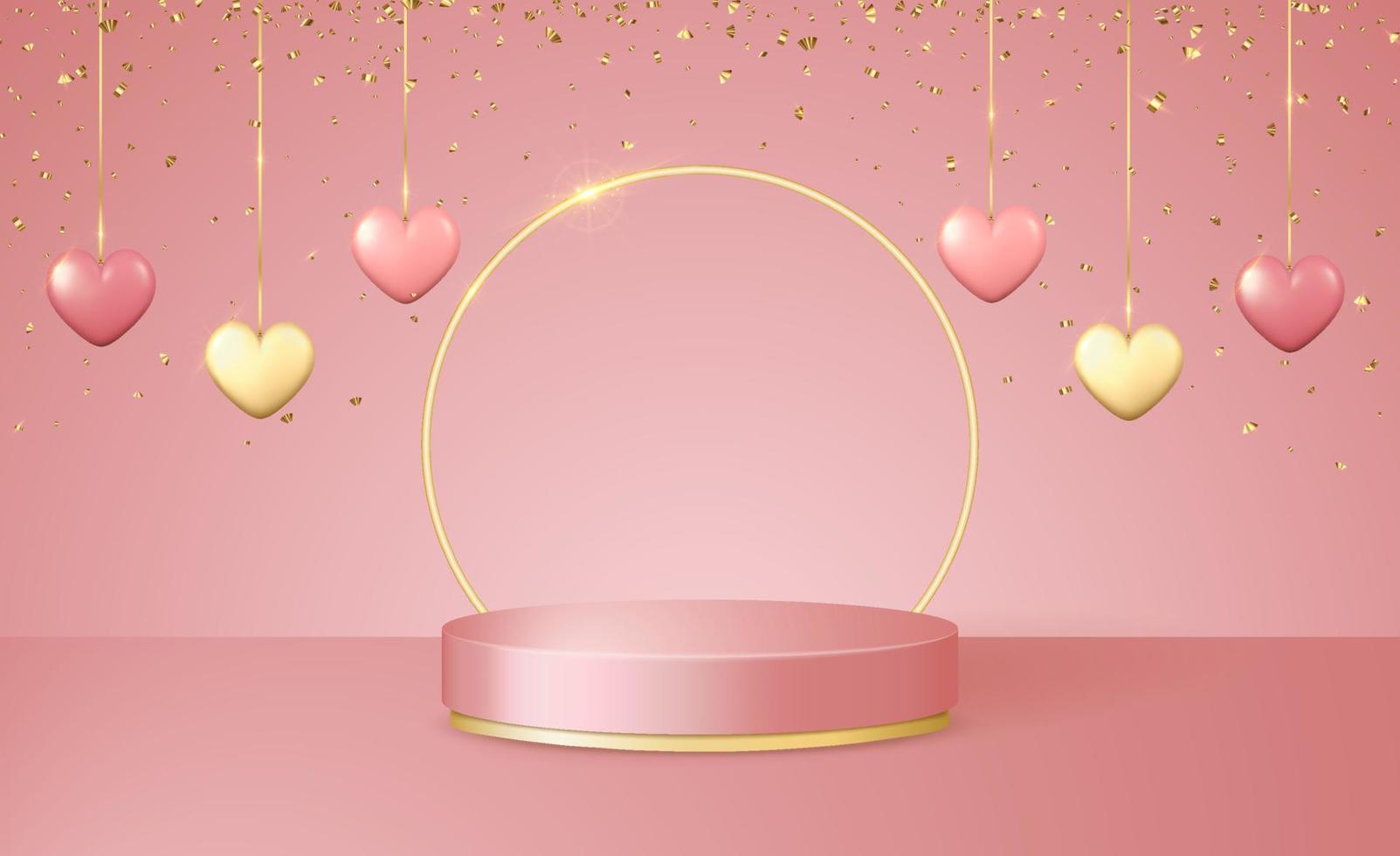 gelukkig Valentijnsdag dag 3d tafereel met roze en goud podium platform, hart slingers en confetti. vector