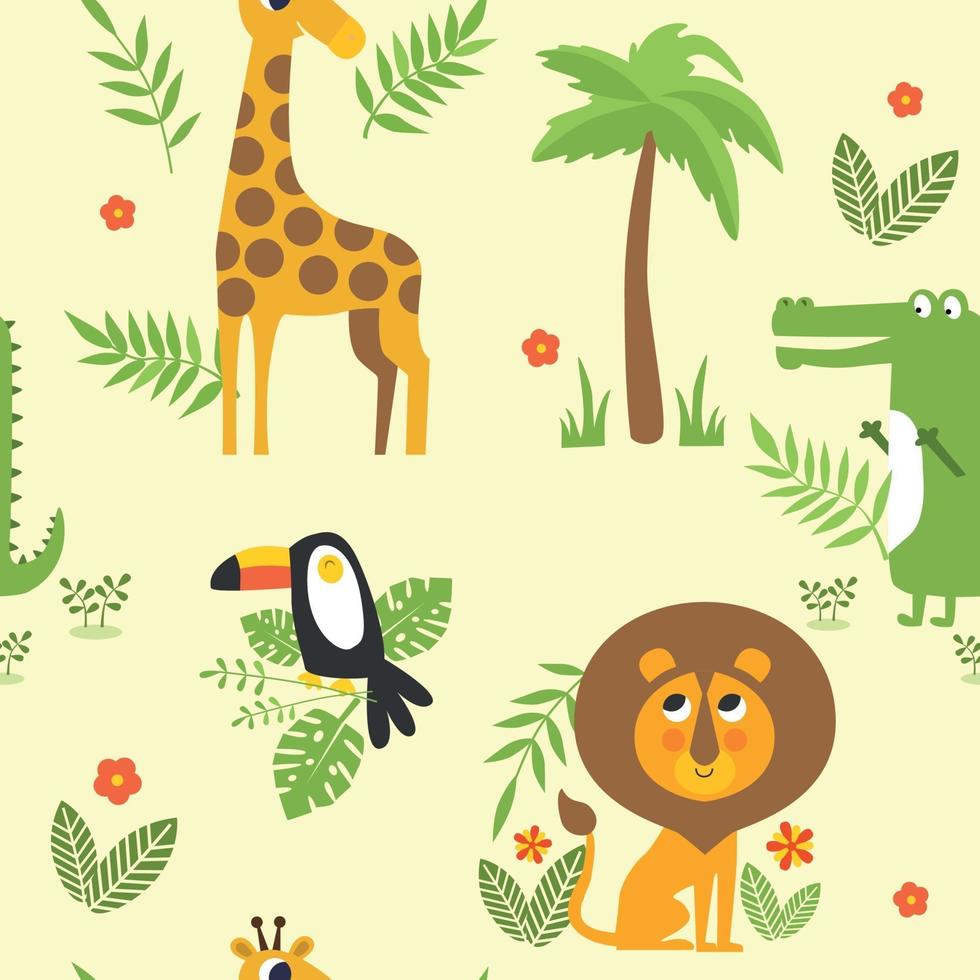 naadloos kinderpatroon met jungle dieren giraf, leeuw, luiaard, toekan, krokodil en palm. vector illustratie.