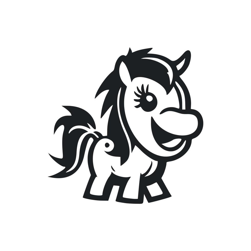 zwart en wit gemakkelijk logo met lief vrolijk pony. vector