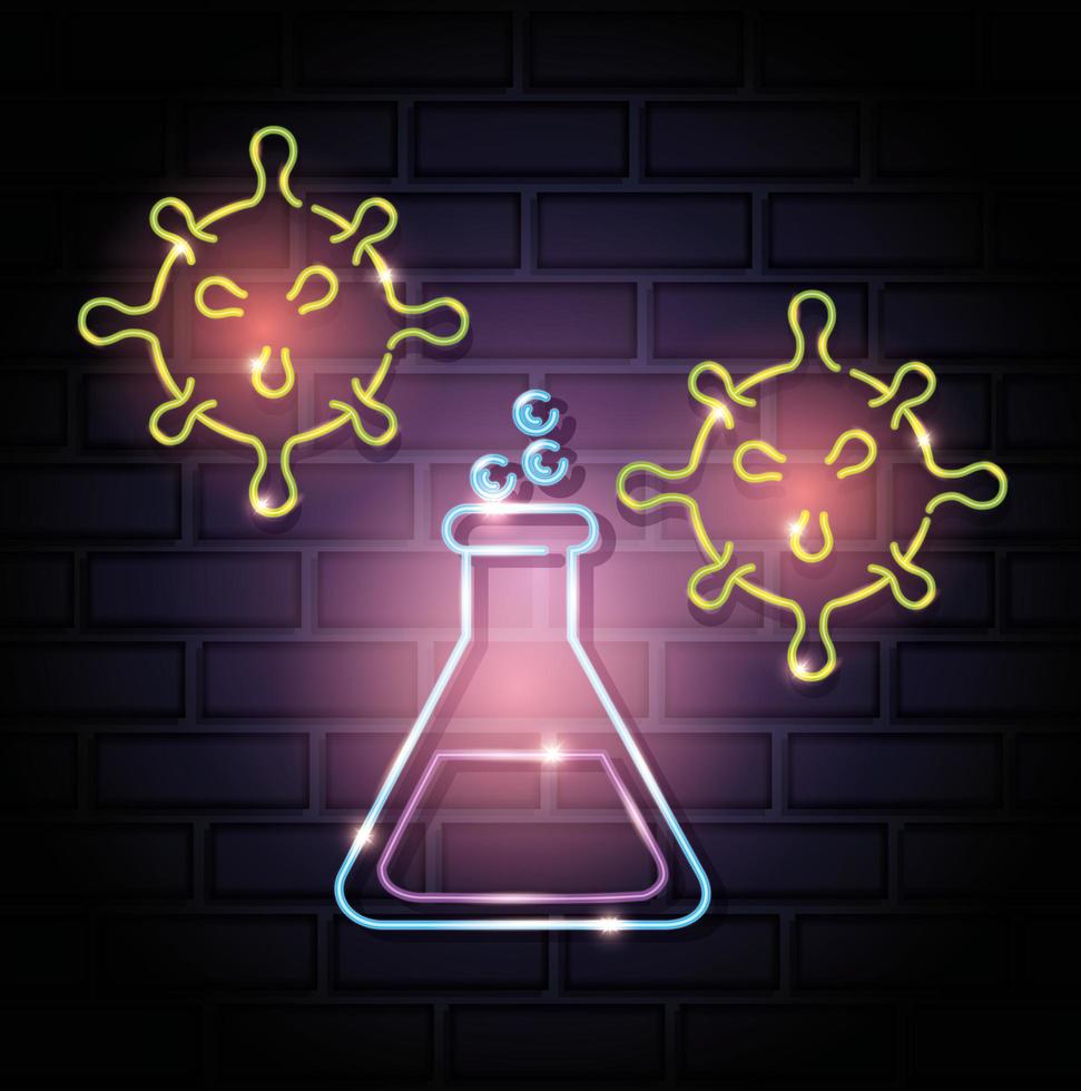 neonlicht coronavirus pictogram met reageerbuis vector