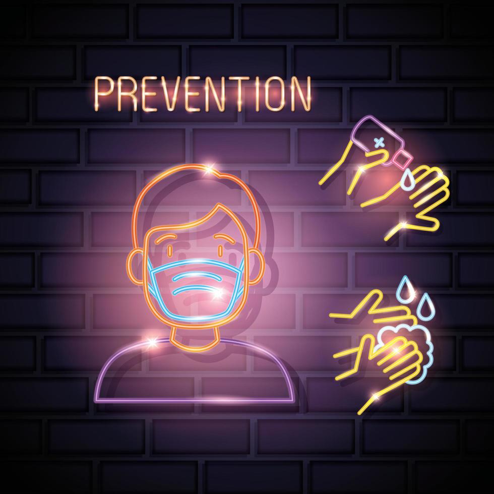 neonlicht coronavirus met preventiepictogrammen vector