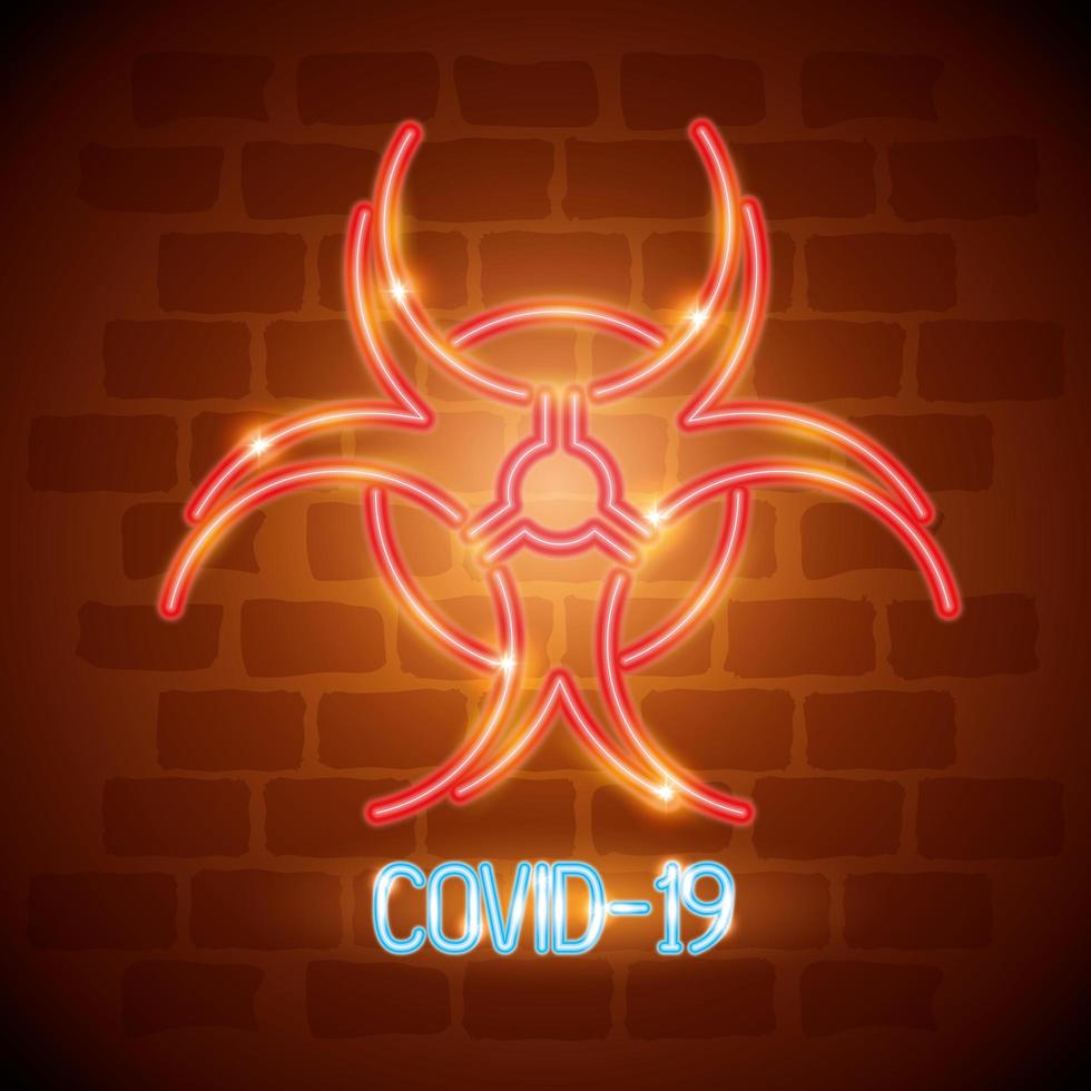 neonlicht coronavirus pictogram met biohazardsymbool vector