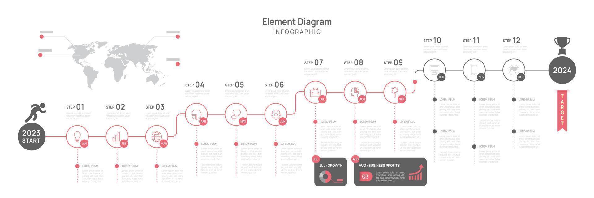 infographic sjabloon voor bedrijf. 12 maanden modern tijdlijn element diagram kalender, 4 kwartaal stappen mijlpaal presentatie vector infografisch.