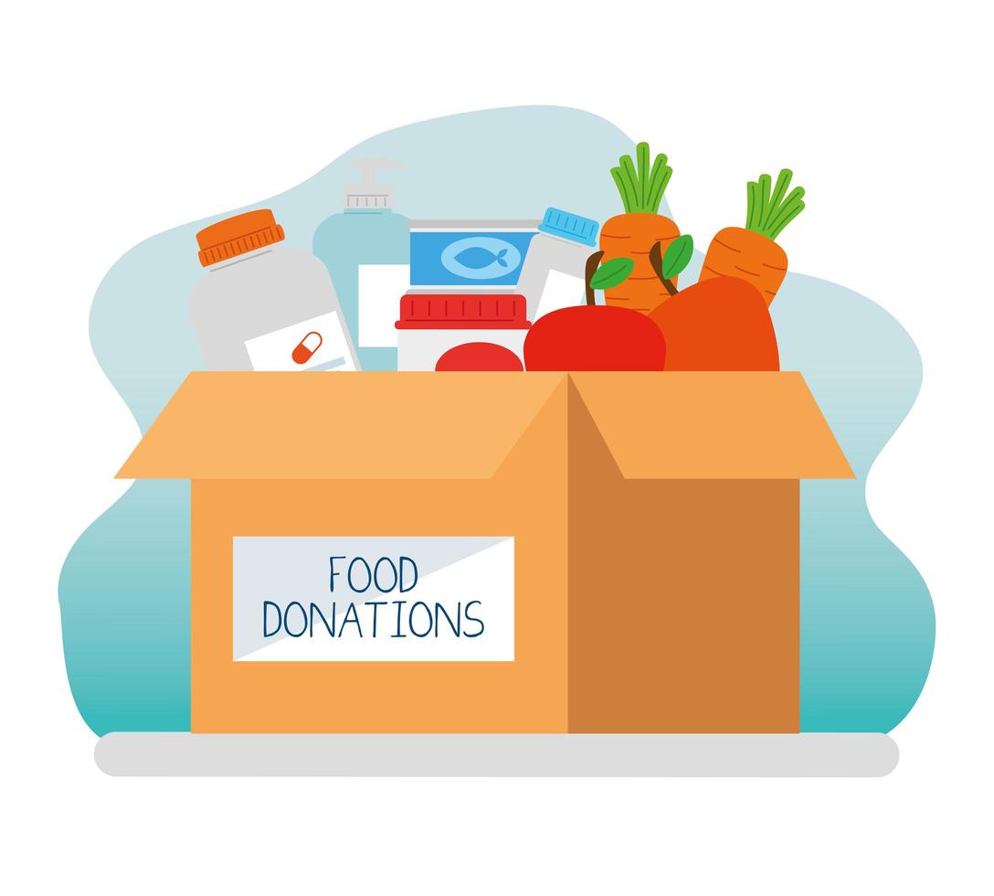 liefdadigheids- en donatiedoos met voedsel en medicijnen vector