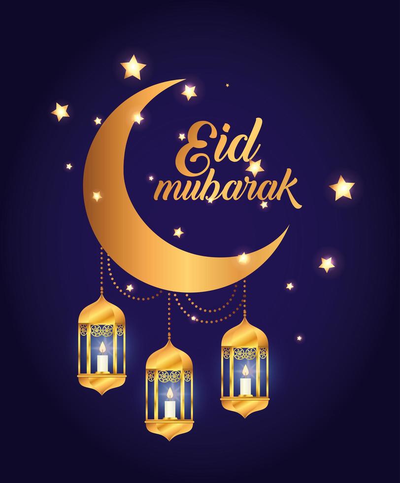 eid mubarak-poster met hangende maan en lantaarns vector