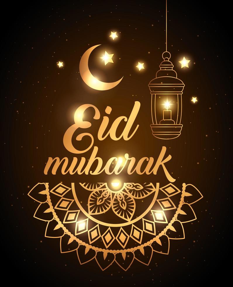 eid mubarak-poster met lantaarn en maondecoratie vector