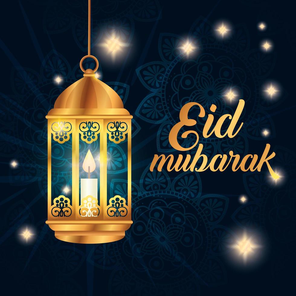 eid mubarak-poster met hangende lantaarn en decoraties vector