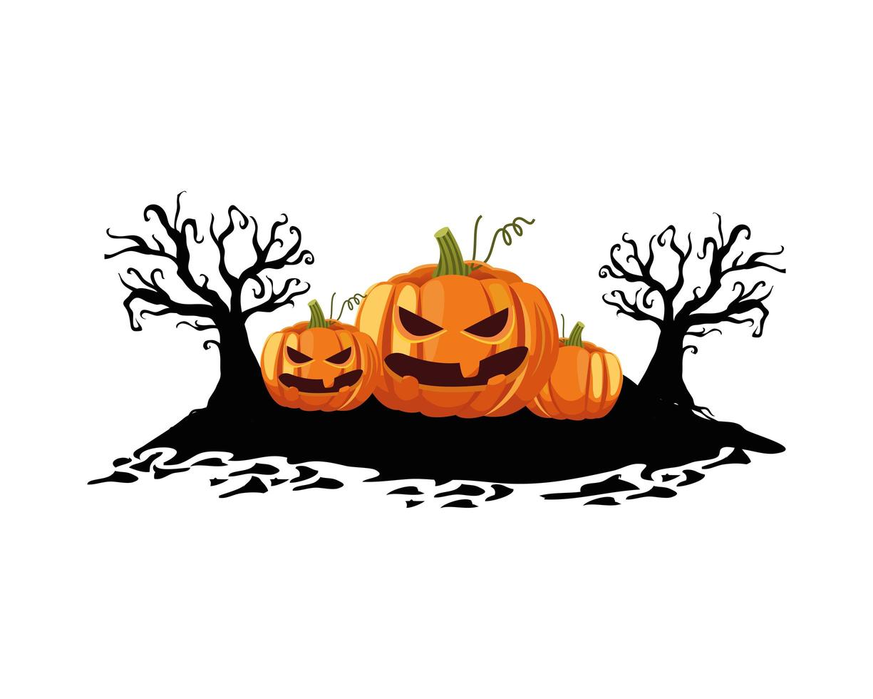 Halloween-pompoenen met bomen vectorontwerp vector