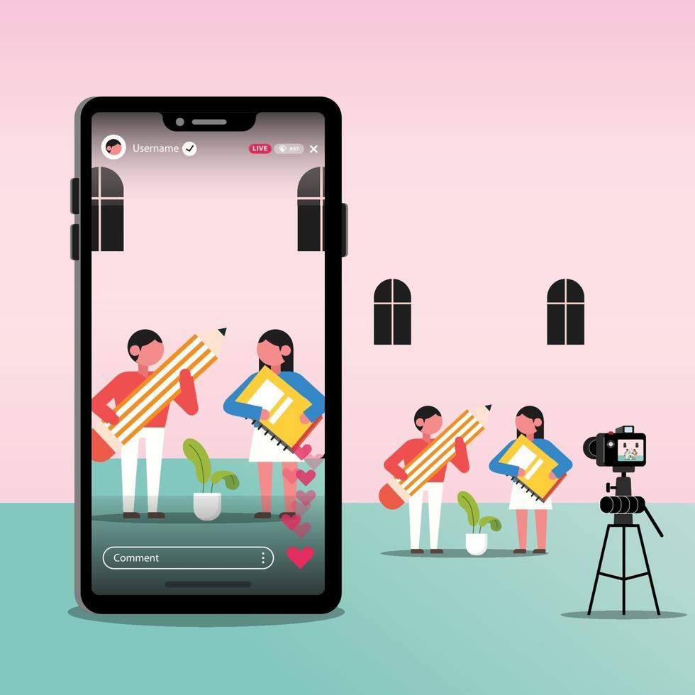 illustratie vrouwelijke en mannelijke vlogger, blogger of influencer, die nieuwe live streaming video op smartphone opneemt vector