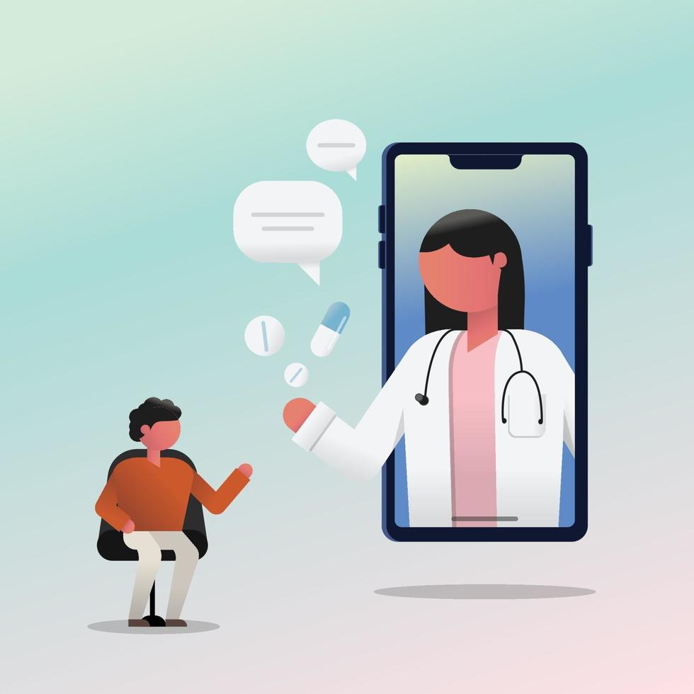 raadpleging van man patiënt met arts via smartphone. vector