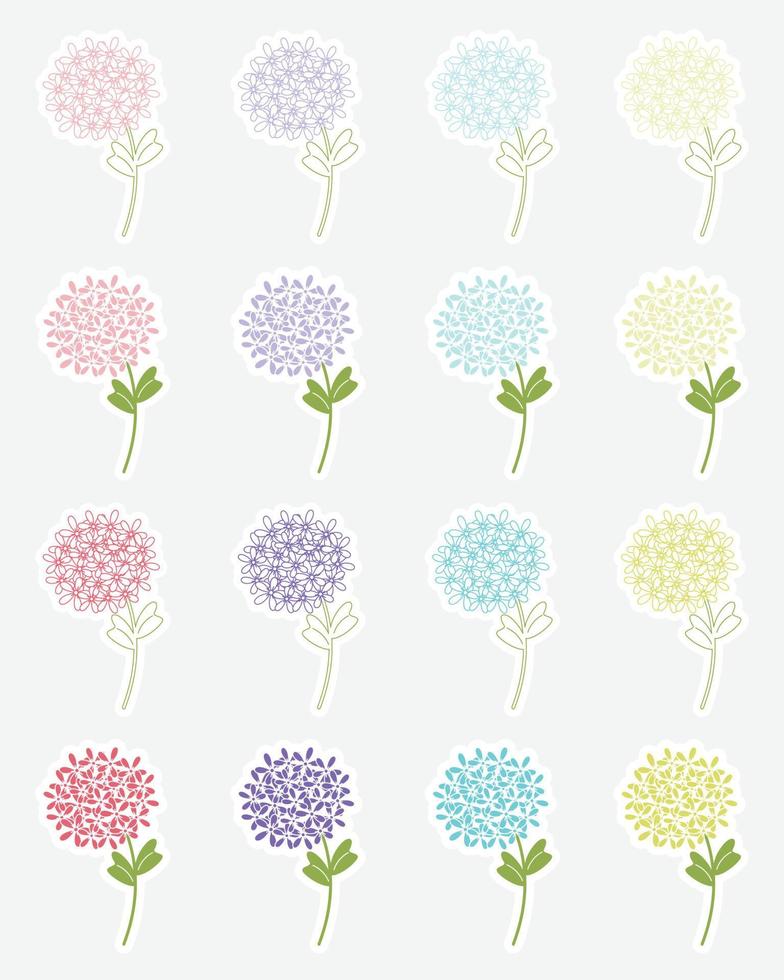 bloemen stickers verzameling. hortensia verzameling met decoratief bloemen ontwerp. lente stickers. vector