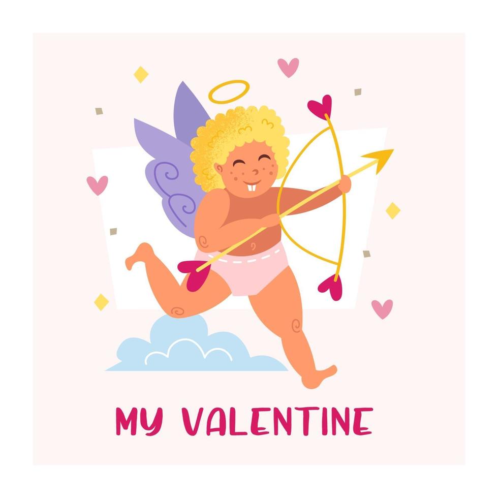 grappige cupido met pijl, boog en halo-ontwerp vector