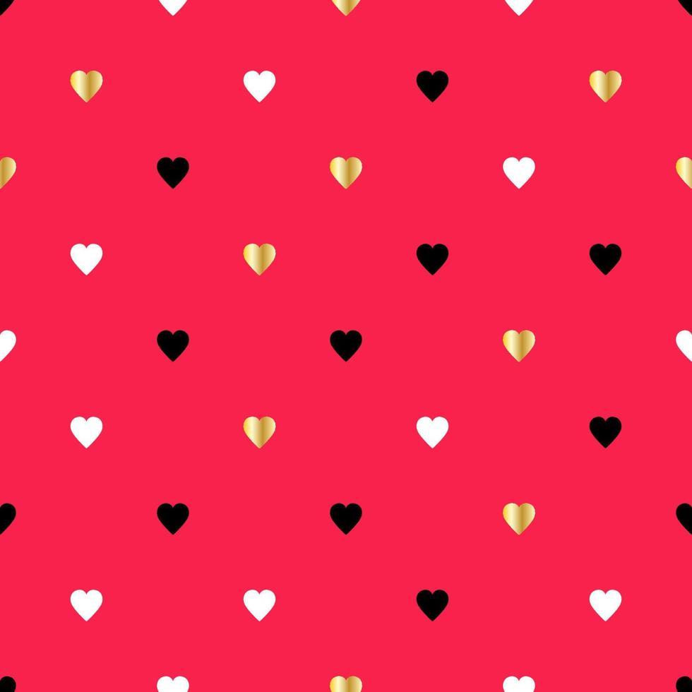 gelukkig Valentijnsdag dag. naadloos patroon met goud, zwart, wit harten en een rood achtergrond vector