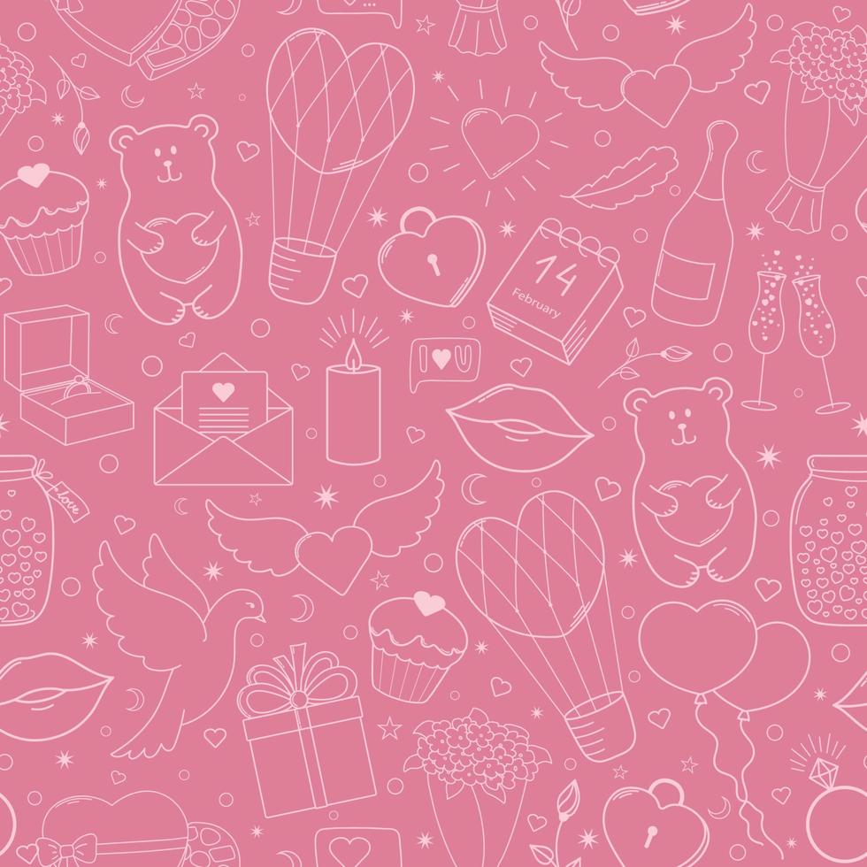 gelukkig Valentijnsdag dag. grappig naadloos patroon van vector hand- getrokken elementen, roze en beige.