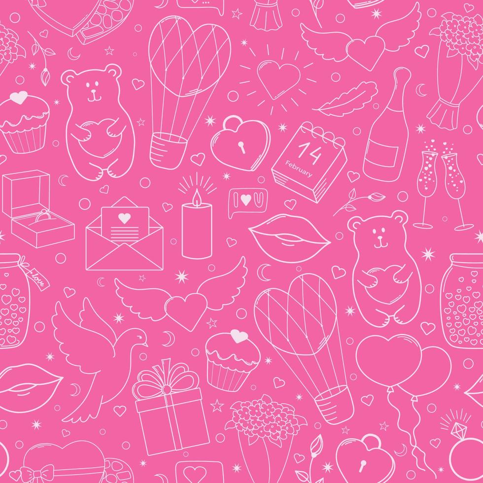 gelukkig Valentijnsdag dag. schattig naadloos patroon van vector hand- getrokken elementen, helder roze en wit.