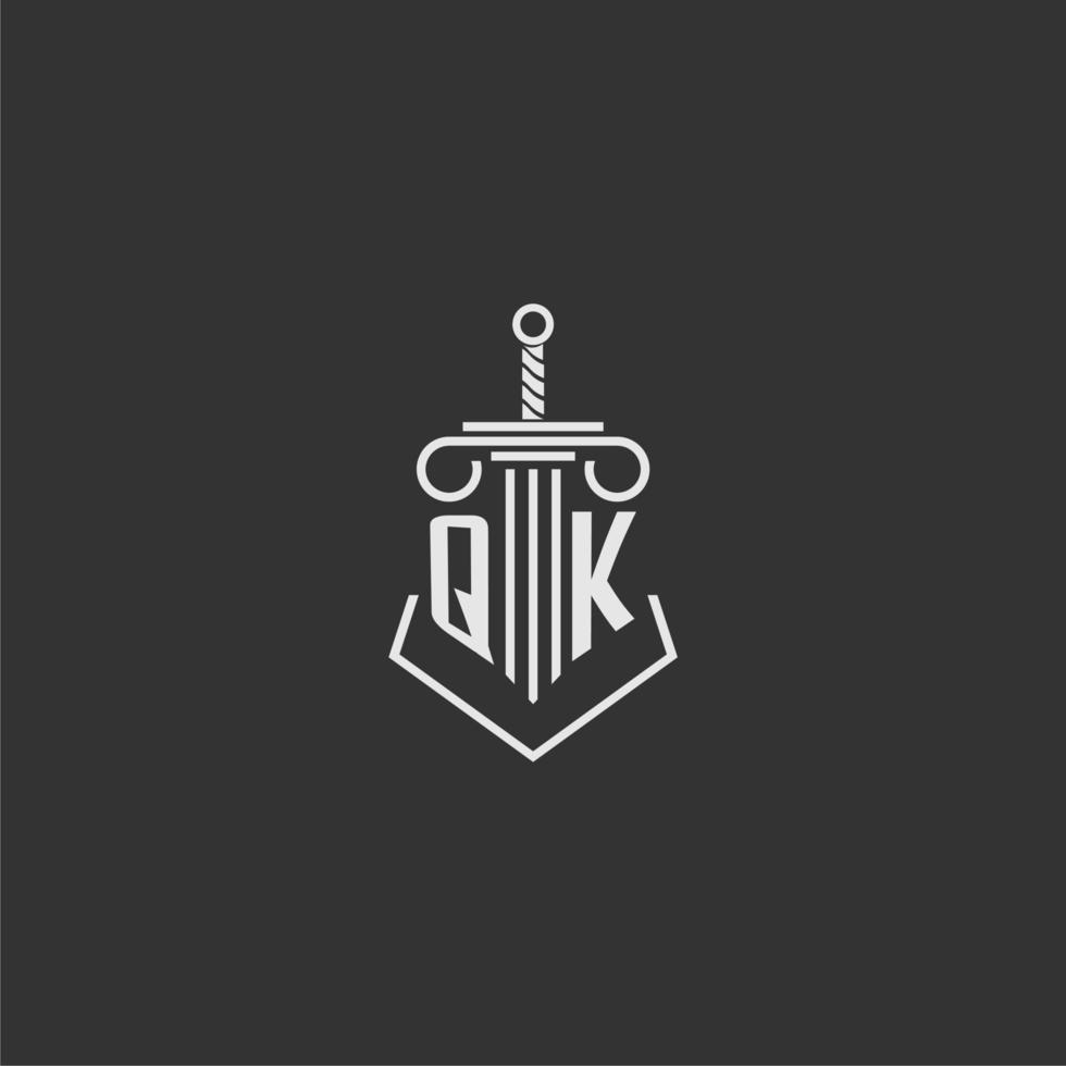 qk eerste monogram wet firma met zwaard en pijler logo ontwerp vector
