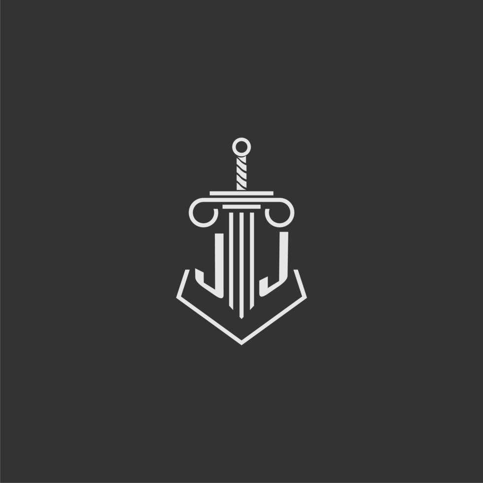 jj eerste monogram wet firma met zwaard en pijler logo ontwerp vector