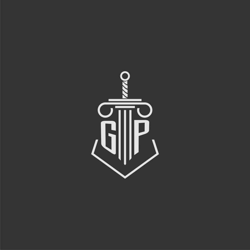 gp eerste monogram wet firma met zwaard en pijler logo ontwerp vector