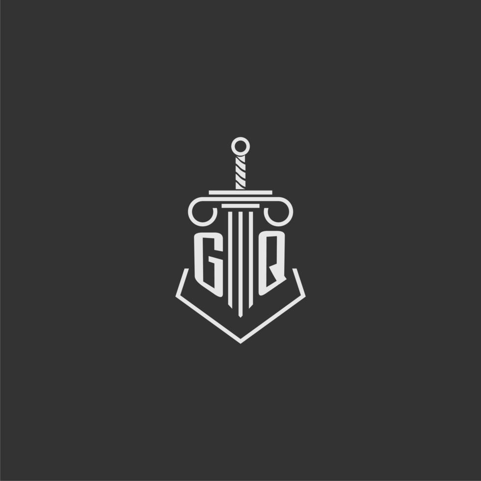 gq eerste monogram wet firma met zwaard en pijler logo ontwerp vector