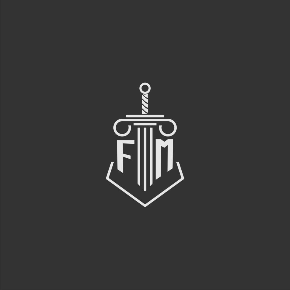 fm eerste monogram wet firma met zwaard en pijler logo ontwerp vector