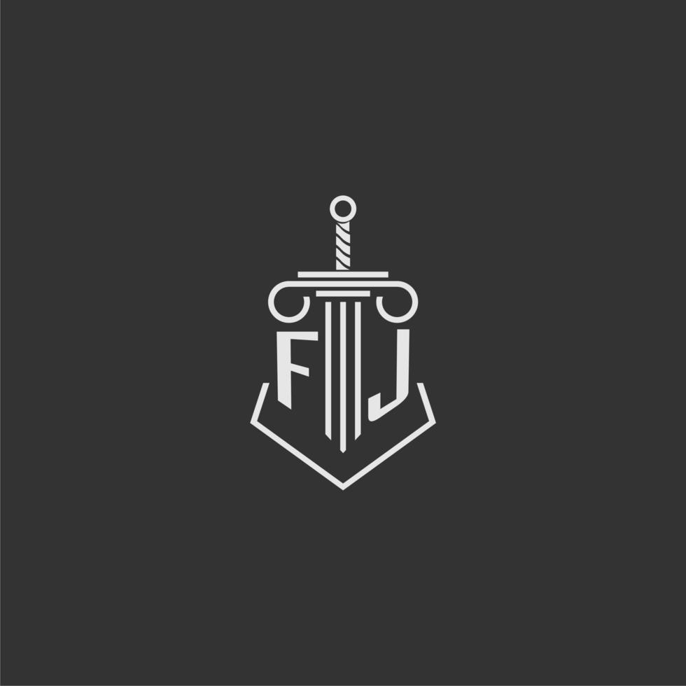 fj eerste monogram wet firma met zwaard en pijler logo ontwerp vector