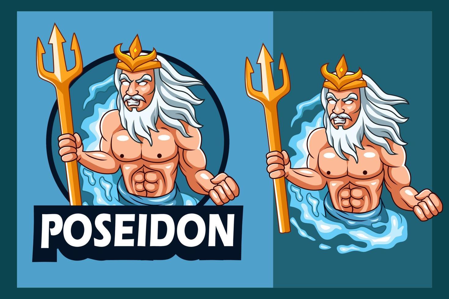 tekenfilm boos Poseidon Holding een gouden drietand vector