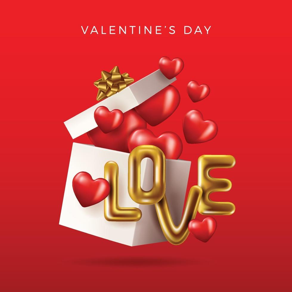 fijne Valentijnsdag. goud metallic tekst liefde, rode achtergrond vector