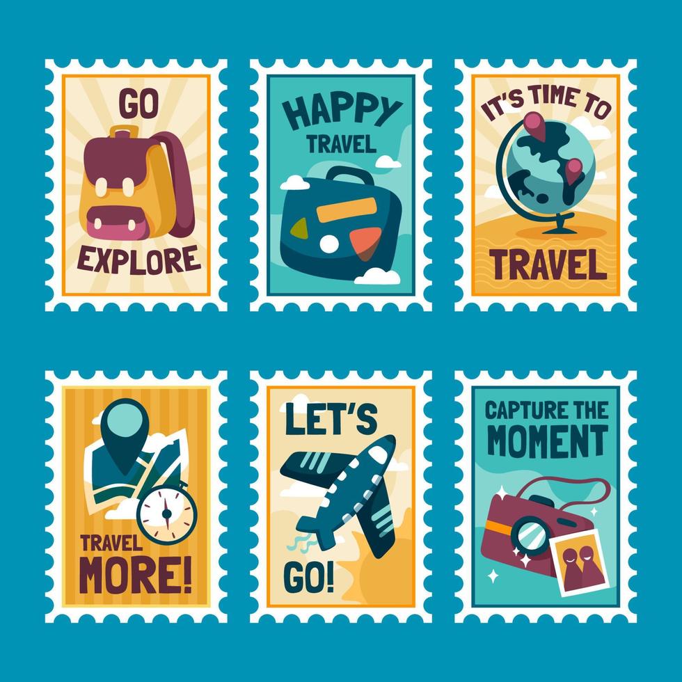 op reis postzegel sticker pakket vector