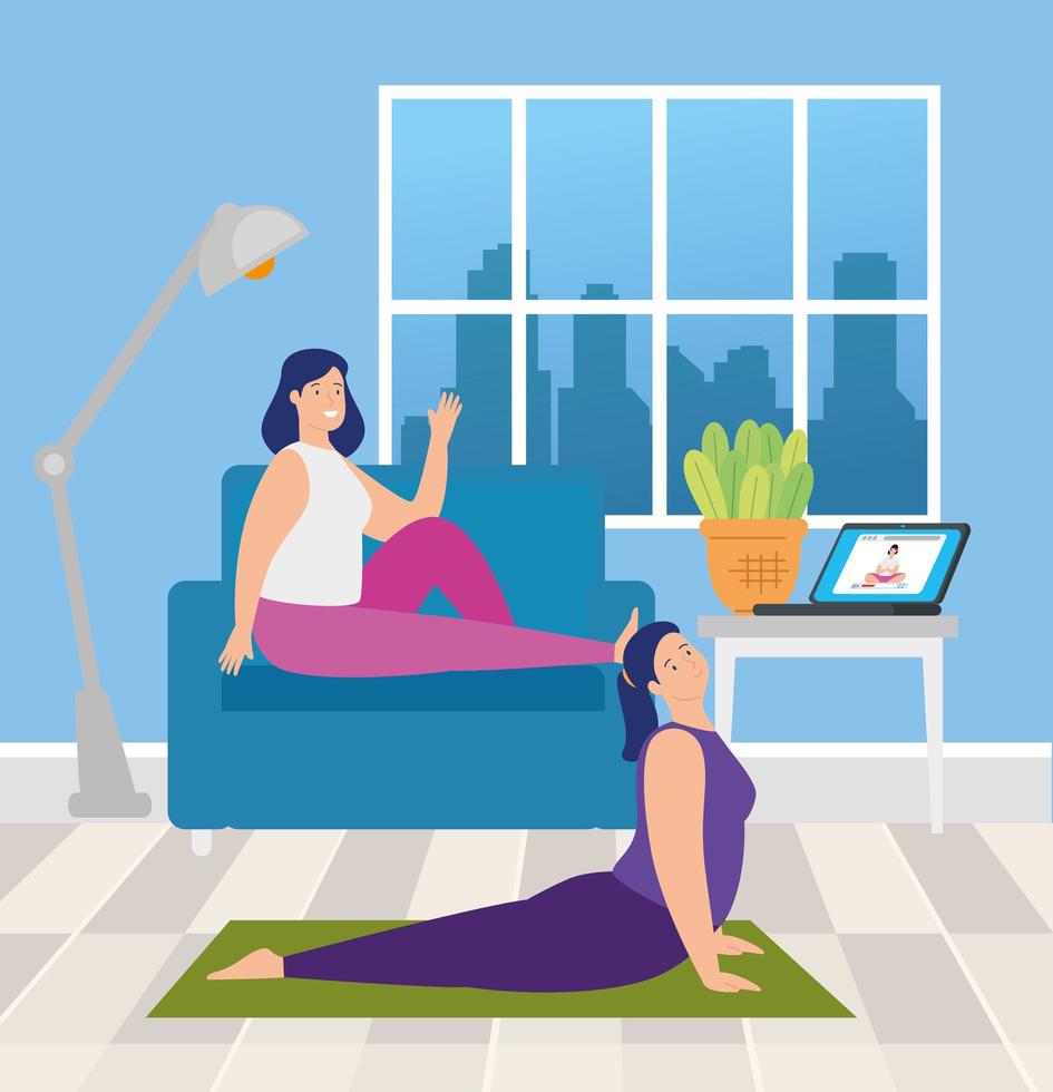 vrouwen die online yoga beoefenen in de woonkamer vector