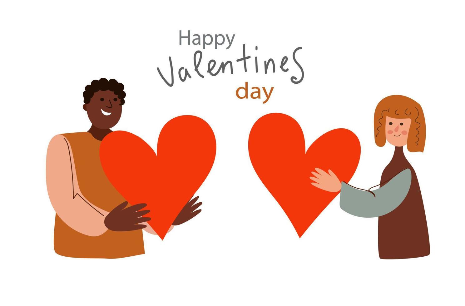 jong vrouw en een Mens geven elk andere harten, paar in liefde, vieren Valentijnsdag dag, poster modern vlak vector illustratie