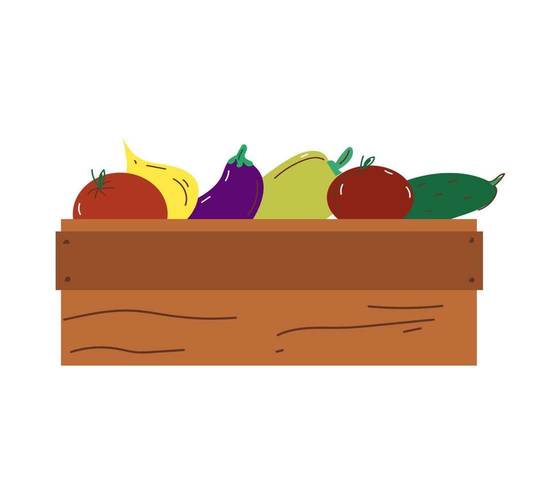 groenten in een houten doos. herfst oogst tuin .vector tekening tekenfilm illustratie geïsoleerd over- wit achtergrond. vector