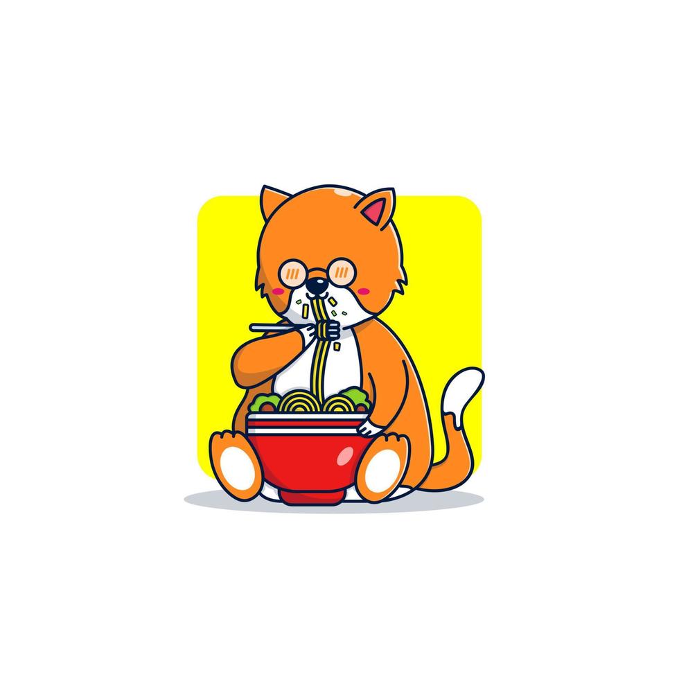 schattig kat eten noodle tekenfilm illustratie, vlak tekenfilm stijl vector