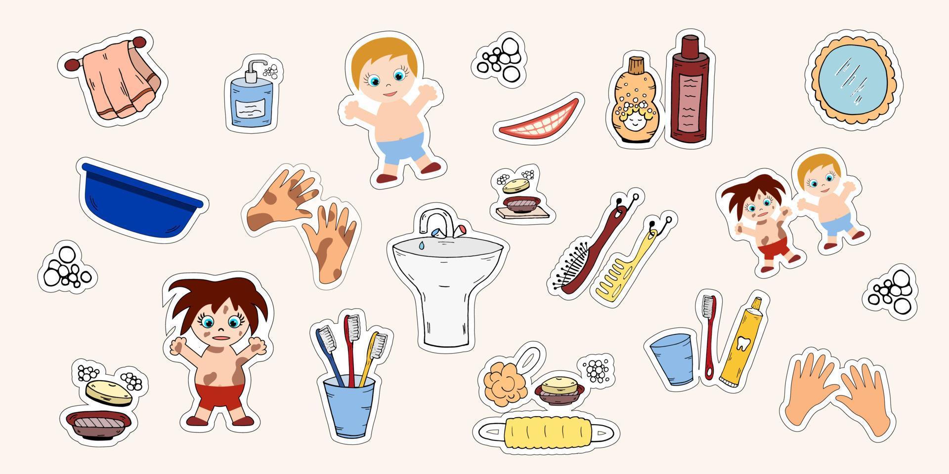reeks badkamer gereedschap kinderen wassen stickers. vector hygiënisch baby leerzaam. hand- getrokken illustratie.