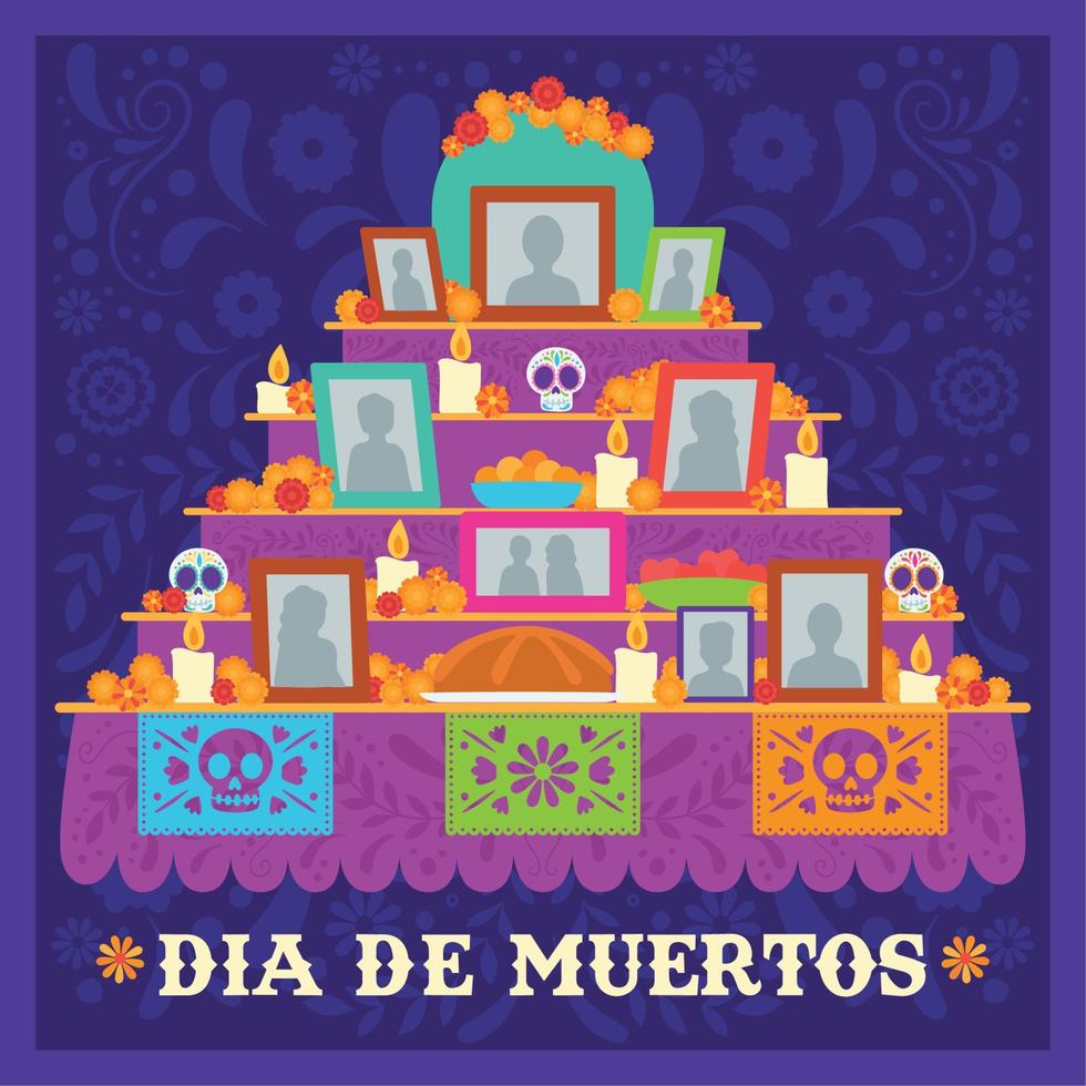 gekleurde Mexicaans altaar met schedels dia de los Muertos poster vector